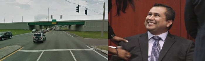 Accident scene on left, Zimmerman photo on right