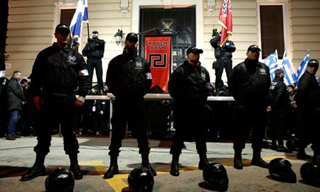 Members of the Golden Dawn party guard a stage during a rally in Athens earlier this year. Photograph: Yorgos Karahalis/Reuters/Corbis
