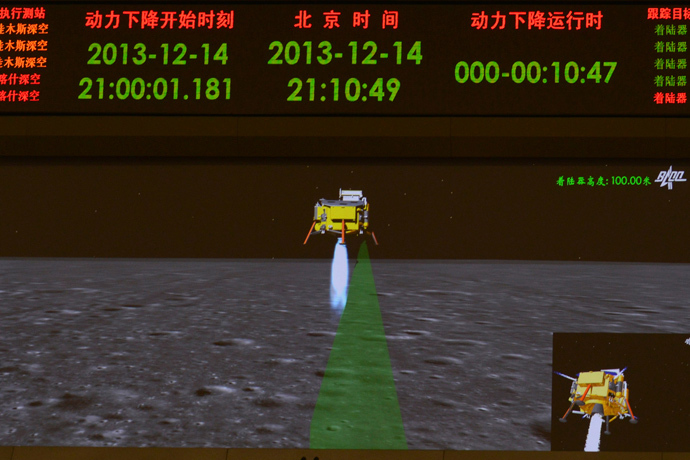 A photograph taken on a giant screen at the Beijing Aerospace Control Center in Beijing shows an animated image of the Chang'e-3 lunar probe descending onto the surface of the moon, December 14, 2013. (Reuters / Stringer)