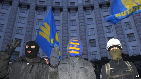 Fascist Svoboda activists occupied Kiev city hall in December. Now the party is in government Pic credit: AP