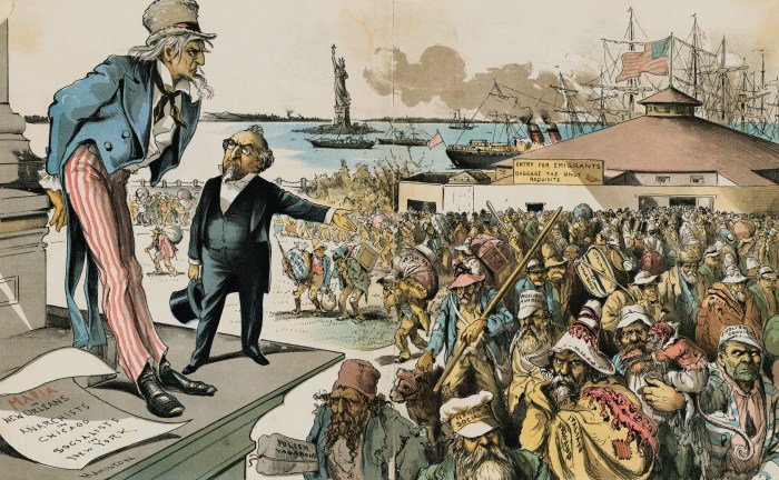 Cartoon Showing Uncle Sam Staggered by Immigrants