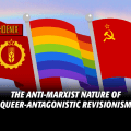The flag of the American Party of Labor, the rainbow Pride flag, and the flag of the USSR.