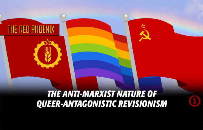 The flag of the American Party of Labor, the rainbow Pride flag, and the flag of the USSR.
